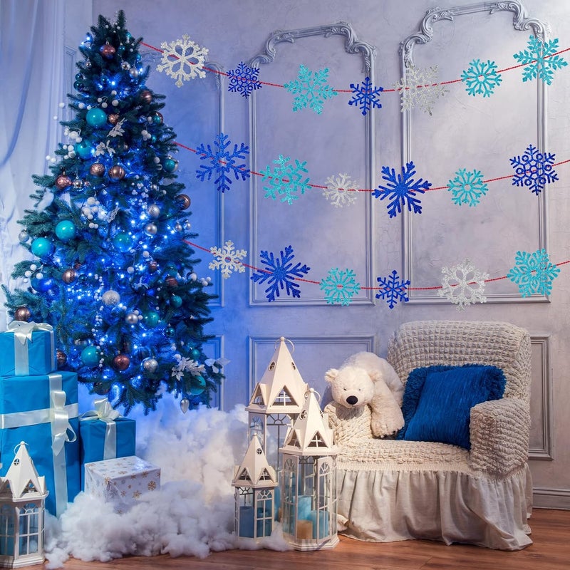 Geyee 96 Pcs Snowflakes Cutouts 12 Styles Glitter Snowflakes Board Cutouts Ornaments with Glue Point Dots for Winter Christmas Wonderland Party Home Decoration(Blue, Silver) - Image 4